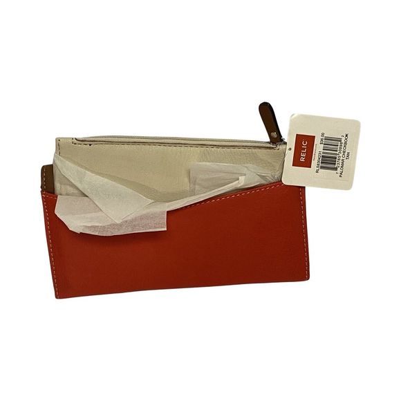 RELIC‎ Boho Style Faux Leather Brown Orange Checkbook Wallet Slots NWT - Picture 3 of 13